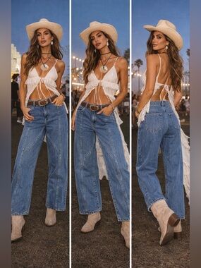 Vintage Boho Wide Leg Baggy Barrel High Rise Jeans Relaxed Fit Denim Festival 28